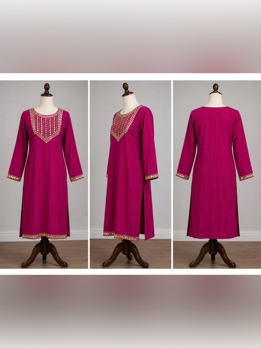 Magenta Long Sleeve Embroidered Tunic Dress